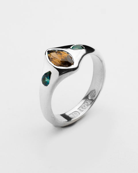 Daedal Ring in sterling silver with Australian tourmaline and two parti sapphires